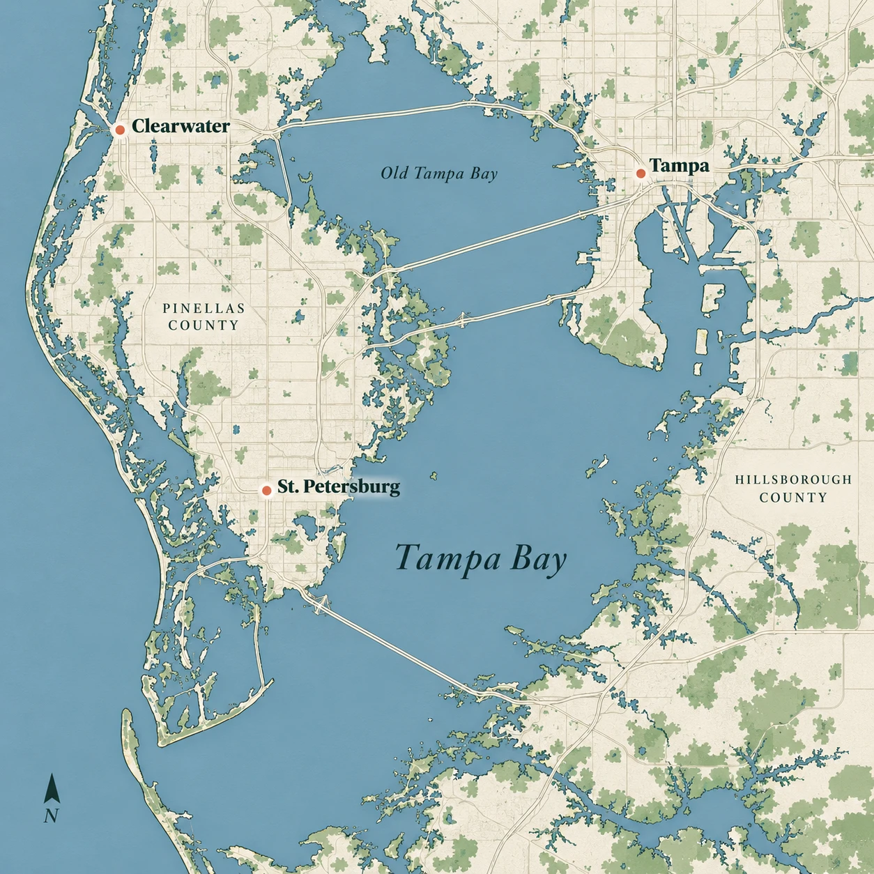 Illustrated Tampa Bay regional map showing Clearwater and St. Petersburg on the Pinellas peninsula, Tampa across the bay, and the connecting bridges. City markers identify communities, not wash locations.